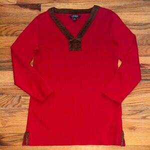 Ralph Lauren Red Long Sleeve V-Neck Top. Brown trim EXCELLENT COND